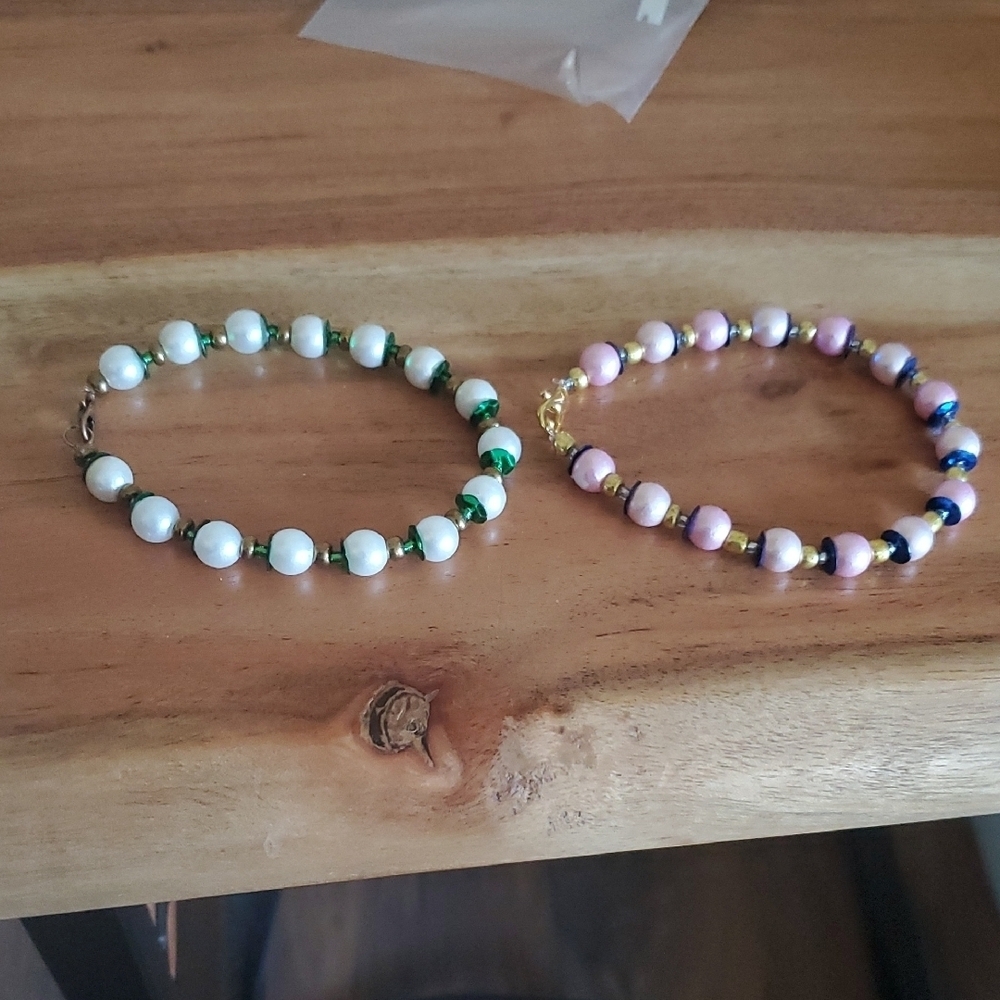 Classic Pearl and Green Beaded Bracelet And A Pink And Blue Bracelet